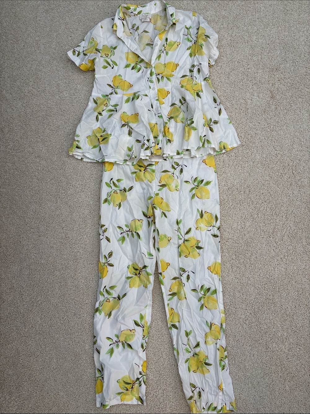 kate spade White Pajama Set with Yellow Lemon and Green Leaf Print Peplum Size S
